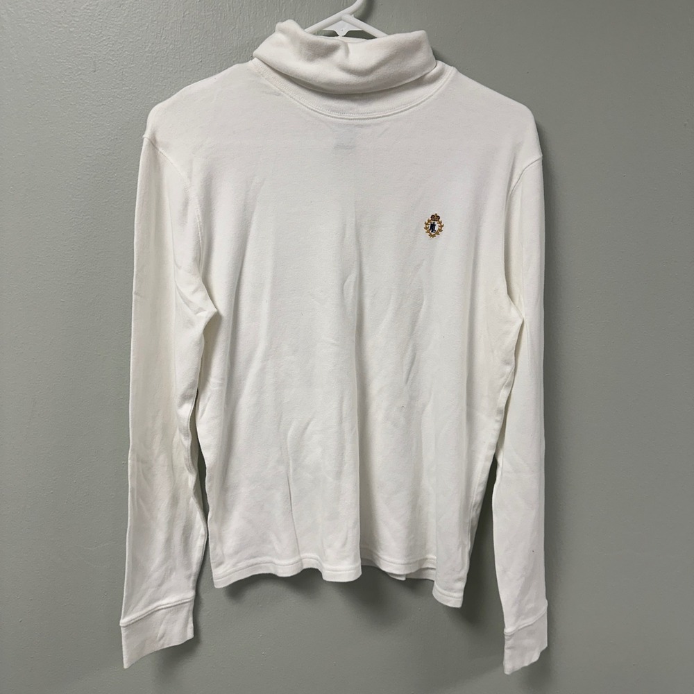 Vintage Lauren Ralph Lauren Womens White Cotton Turtleneck Crest Logo Top Size M